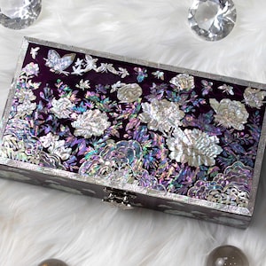 Boîte à bijoux en nacre violette en coquillage Boîte à bijoux en bois floral en coquillage d'ormeau Cadeaux coréens Boite nacre