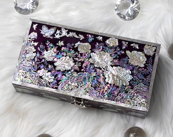 Mother of Pearl Purple Lacquer Jewelry Box Korean Wooden Inlay