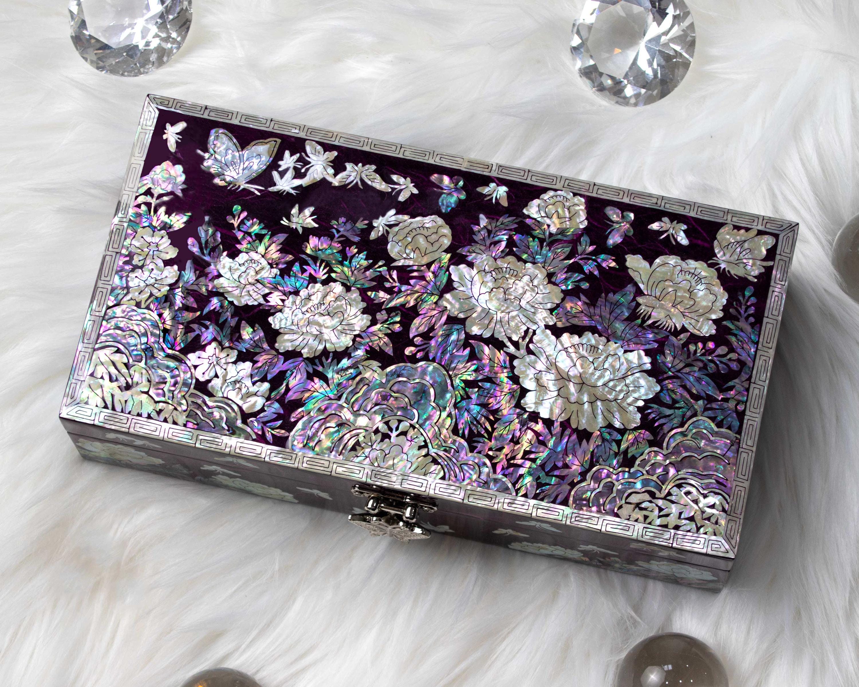 Mother of Pearl Purple Lacquer Jewelry Box Korean Wooden Inlay