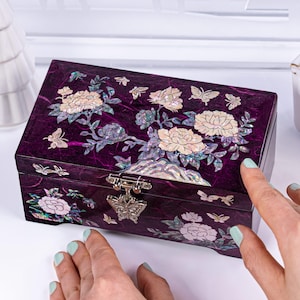 Fleur souvenir mauve nacreBoîte à bijoux Rangement en bois Boîte à bijoux souvenir Porte-bijoux asiatique en nacre d'ormeau