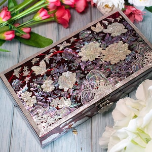 Può includere: Una scatola rettangolare in legno laccato rosso scuro con intarsi in madreperla che raffigurano fiori in fiore, fogliame e farfalle. Il coperchio include una chiusura metallica e un motivo decorativo lungo i bordi.