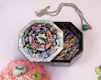 Mother of pearl inlay small octagon ring keepsake Box butterfly jewelry holder vintage storage