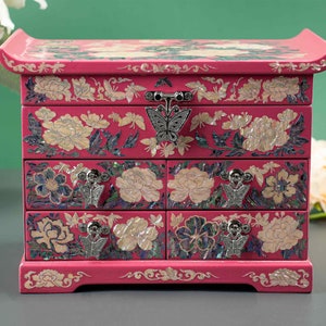 Mother of pearl Lacquered Wood jewelry box Peonies flowers Hand painted Jewerly keepsake Ablone shell handcrafted gifts