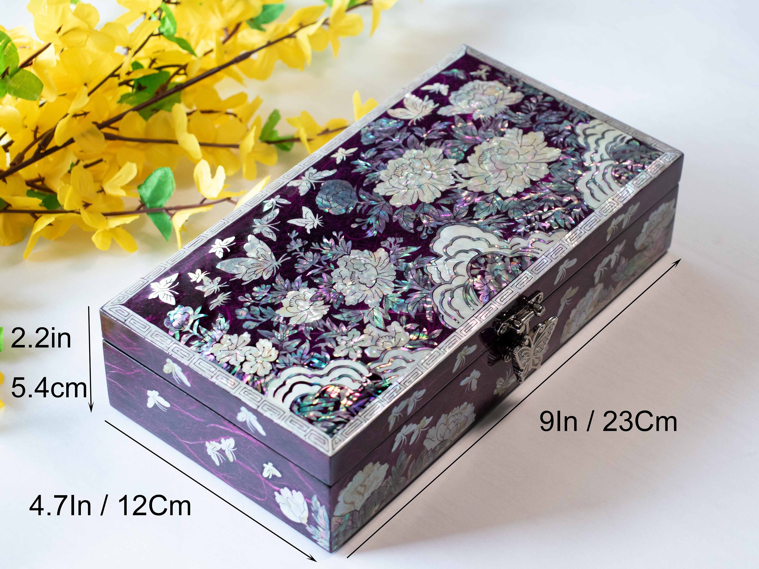Mother of Pearl Purple Lacquer Jewelry Box Korean Wooden Inlay
