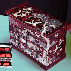 große Art Perlmutt asiatisch inspirierte Schmuckschatulle Kiefernbaum Antike Aufbewahrung Lackierte rote Aufbewahrungsbox koreanisches Geschenk