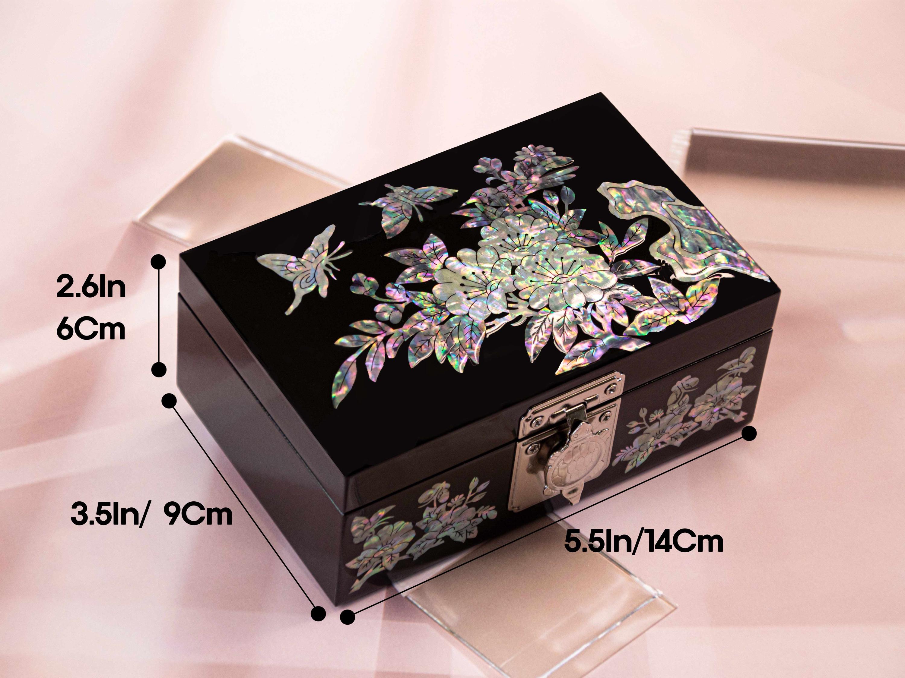 マザーオブパール象嵌ジュエリーボックス：花模様漆、タートルリング