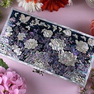 Mother of pearl jewelry keepsake Box Asian inlay lacquer wood jewelry Box Abalone shell Korean gifts Boite nacre