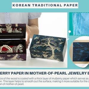 K&ouml;nnte beinhalten: Zwei koreanische traditionelle Schmuckk&auml;stchen mit Perlmutt-Inlay, eines offen, eines geschlossen. Die K&auml;stchen sind dunkel mit einem Baum- und Vogeldesign. Die offene Box zeigt Schmuck. Der Text lautet "KOREAN TRADITIONAL PAPER".