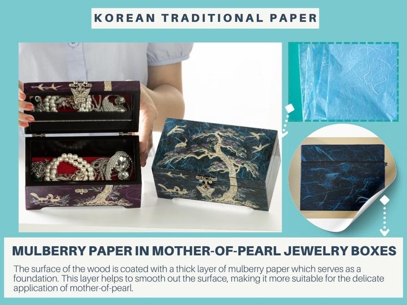 K&ouml;nnte beinhalten: Zwei koreanische traditionelle Schmuckk&auml;stchen mit Perlmutt-Inlay, eines offen, eines geschlossen. Die K&auml;stchen sind dunkel mit einem Baum- und Vogeldesign. Die offene Box zeigt Schmuck. Der Text lautet "KOREAN TRADITIONAL PAPER".