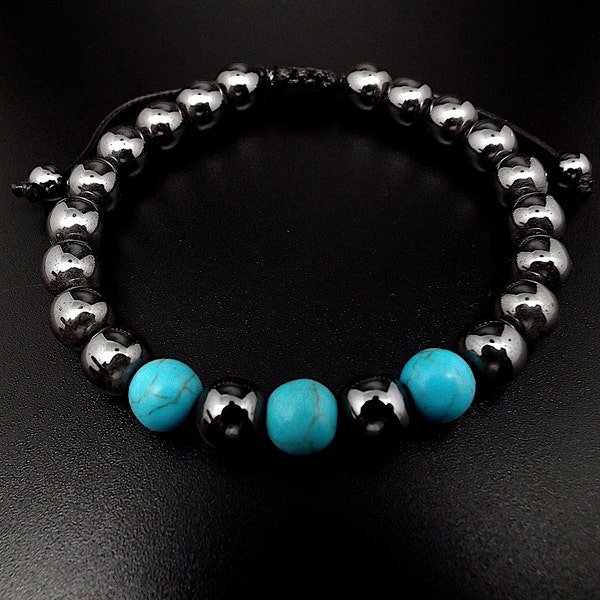 Bracelet homme ou femme perles d'hématite et de turquoise sur cordon réglable très résistant.