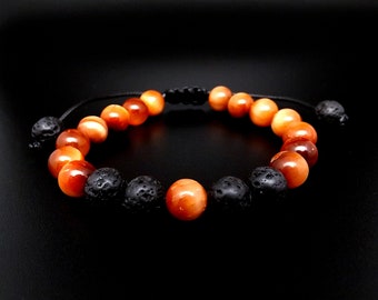 Men's or women's bracelet, orange-red Tiger's Eye beads and lava beads on a very trendy adjustable black cord.