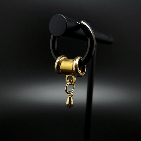 Viking men's hoop earrings in black stainless steel, small brass bead and gold-colored stainless steel bail, very trendy