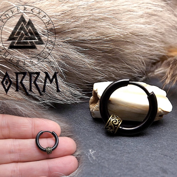 boucle d'oreille créole viking en acier inoxydable noire avec perle en métal