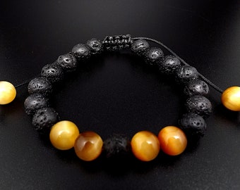 Men's or women's bracelet, blue Tiger's Eye beads and Lava beads on a very trendy adjustable black cord.