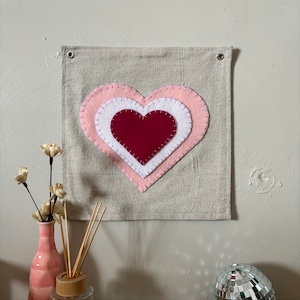 Hearts Valentines Tapestry, Hand Stitched, Canvas Banner, Tapestry Wall Hanging, Felt, Room Wall Decor, Canvas Flag, Heart Sign, Pink, Lover