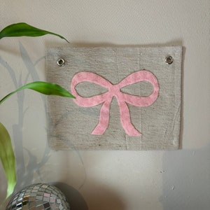 Bow Wall Tapestry, Hand Stitched, Felt, Canvas Banner, Canvas Flag, Tapestry Wall Hanging, Wall Hanging, Dainty Wall Decor, Nursery Wall Art