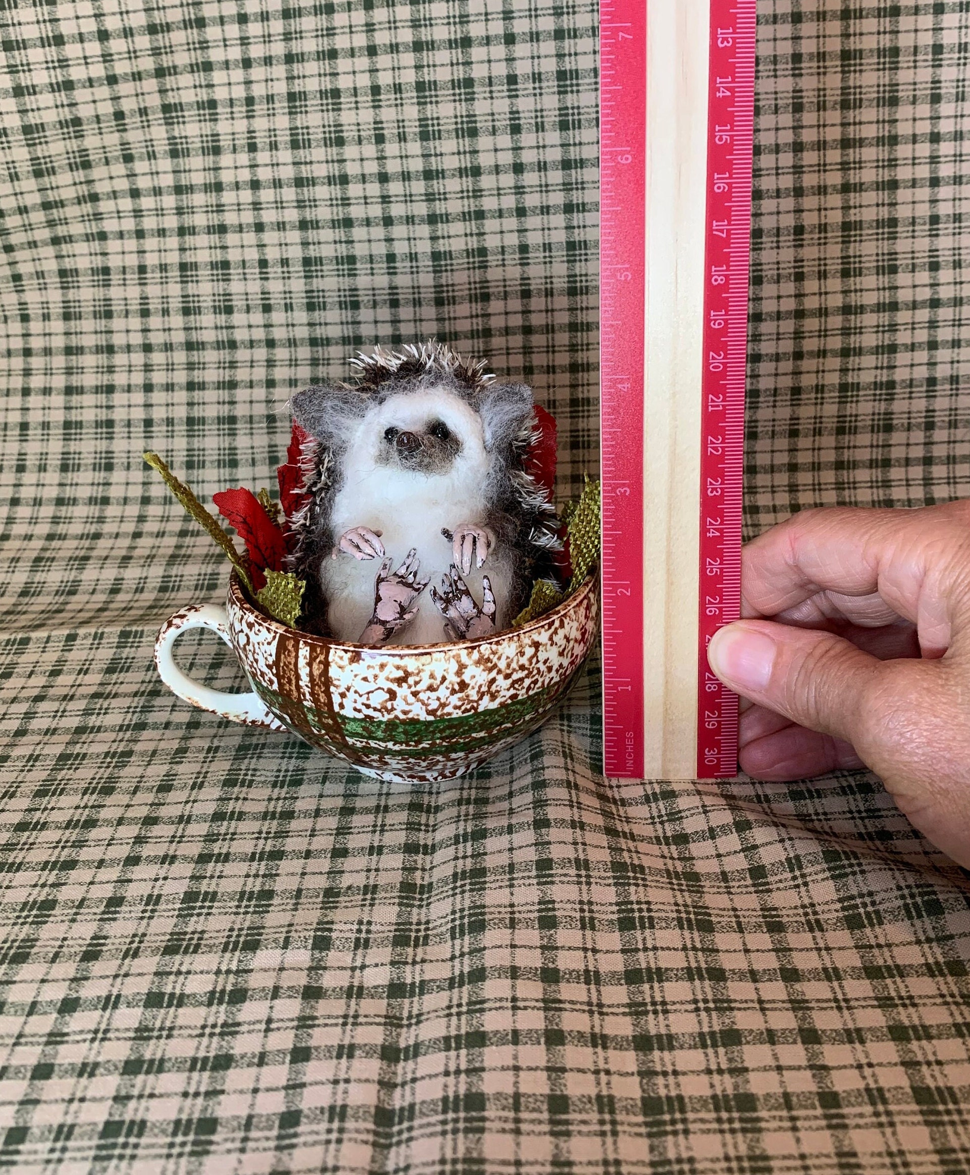 Handmade Needle Felted Adorable Hedgehog in a Cup, Wool Roving and