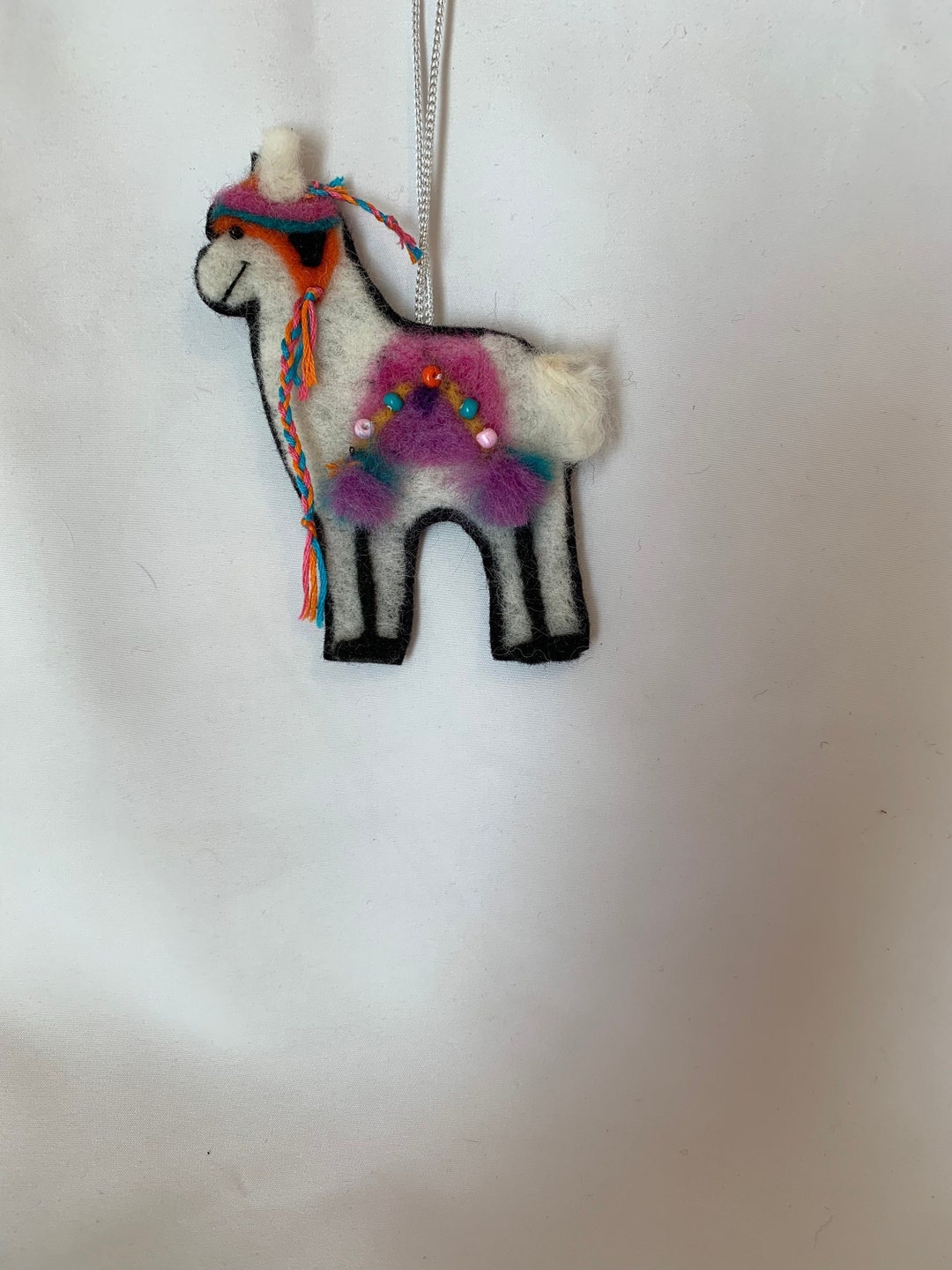 Handmade Needle Felted Llama Ornament. Made With Wool Roving