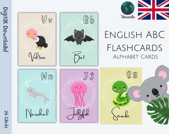 ENGLISH Alphabet ABC Animal Cards Language Learning School Montessori Educational Flash Cards