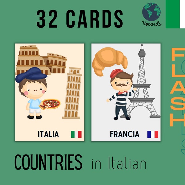 Italienisch | Lernen Sie Ländernamen mit Karteikarten | Druckbares Montessori-Lernmaterial Länder für Kinder