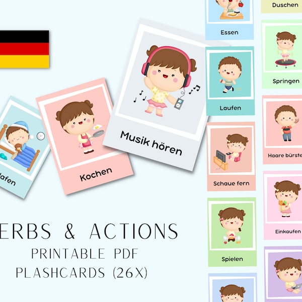 German Language Flashcards Montessori for Verbs and Everyday Actions | Set of 26 Classroom Cards PRINTABLE in 4 Sizes