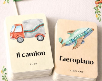 Vehicle Flashcards, Bilingual Italian English Montessori Learning Cards, Printable Language Tool