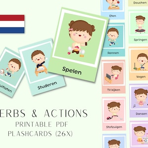 Può includere: Un set di flashcard stampabili con verbi e azioni in olandese, con illustrazioni di bambini. Le carte mostrano attività come 'Spelen' e 'Studeren', con la bandiera olandese. È presente anche il testo 'VERBS & ACTIONS'.