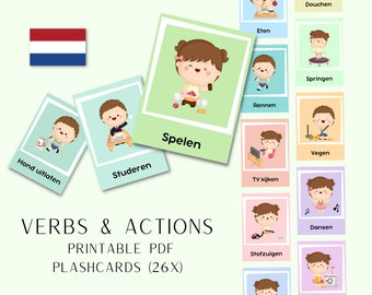 Nederlandstalige Flashcards Montessori voor werkwoorden en alledaagse handelingen | Set van 26 klaskaarten AFDRUKBAAR in 4 maten