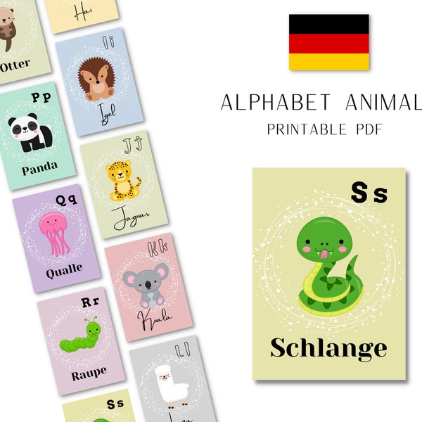 ALEMÁN | Flashcards de animales del alfabeto para el aprendizaje educativo del idioma Material de clase de educación en el hogar Montessori