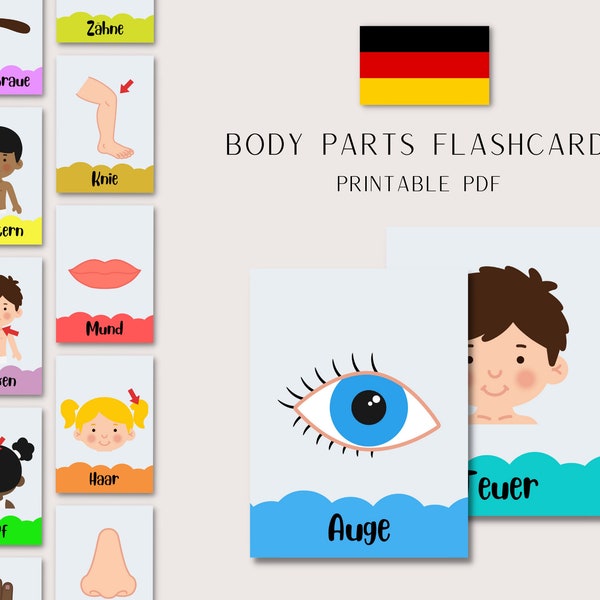 Duitse Montessori-flitskaarten met woordenschat voor lichaamsdelen, handig voor leraren, tweetalige gezinnen of studenten die een taal leren