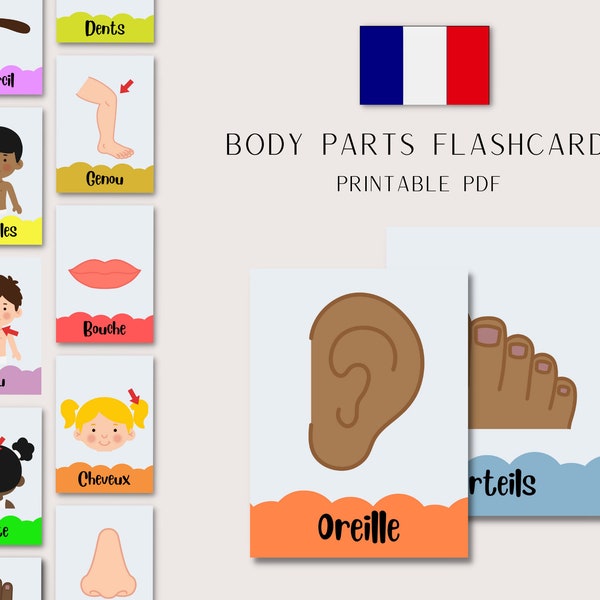 Franse Montessori Flashcards met woordenschat voor lichaamsdelen, handig voor leraren, tweetalige gezinnen van studenten die een taal leren