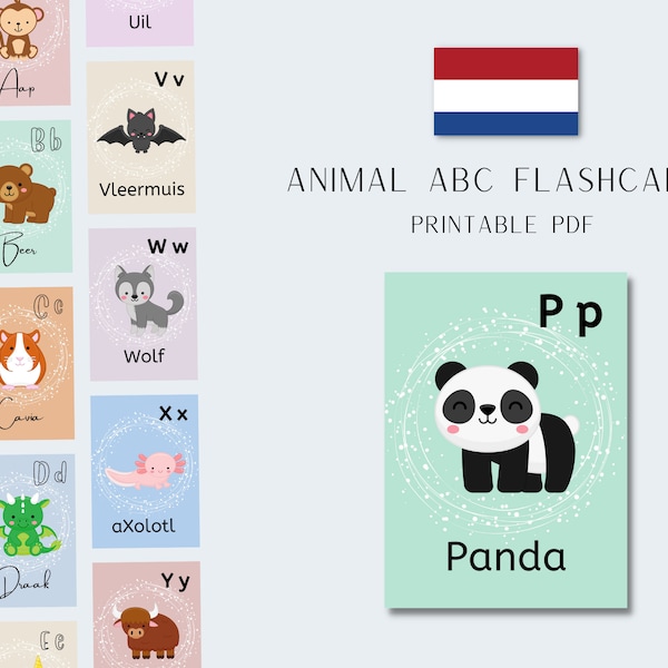 NEDERLANDS | Alfabet ABC Dieren Flashcards | Montessori-flitskaarten | Educatief materiaal voor kinderen en het leren van vreemde talen
