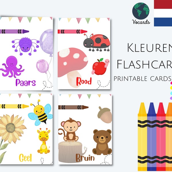 DUTCH Colors Flash Cards - Educatief voor kinderen Taal leren - Dierenthema voor het leren en leren van de kleuren in het Nederlands