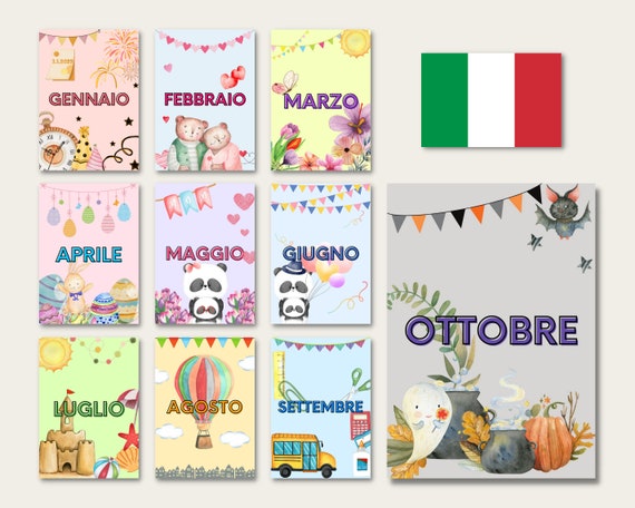 ITALIAN Montessori Flashcards Italian Months of the Year Vocabulary  Printable Language Material Wall Decor Italian Classes 