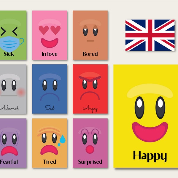 ENGLISH | Emotions and Feelings Flashcards | Montessori Language Flash Cards Printable Educational Material Poster Wall Print Decor