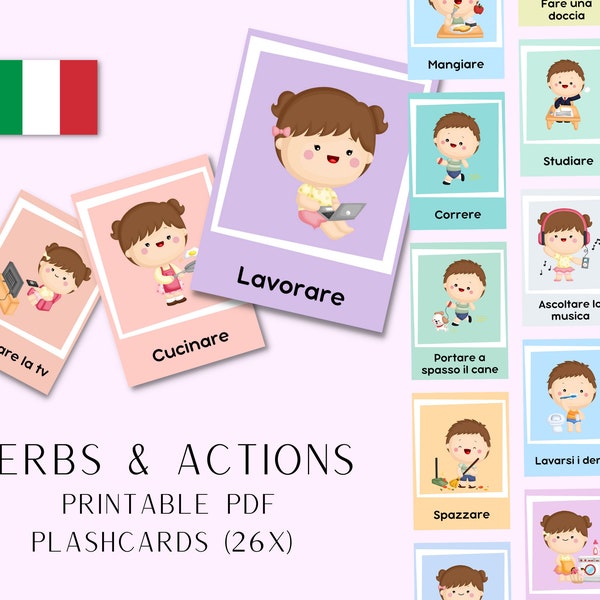 Italiaanse taalflitskaarten Montessori voor werkwoorden en alledaagse handelingen | Set van 26 klaskaarten AFDRUKBAAR in 4 maten