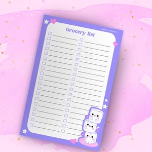 May include: A purple and white printable grocery list with a cute illustration of three stacked marshmallows with faces. The list has checkboxes for each item and the text "Grocery list" at the top.