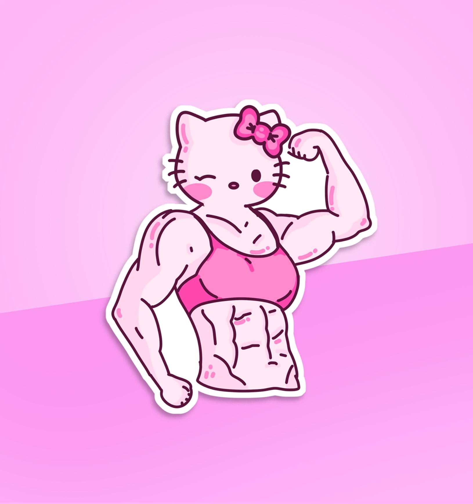 Muscle Kitty Vinyl Sticker - Cute Pink Buff Kitty Waterproof Decal - Etsy