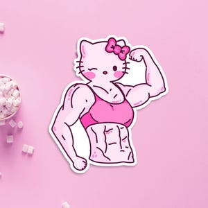Muscle Kitty Vinyl STICKER / cute buff Kitty sticker / Pink Kitty waterproof sticker