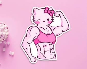 Muscle Kitty Vinyl Sticker - Cute Pink Buff Kitty Waterproof Decal