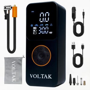May include: A black portable air compressor with a digital display showing PSI and battery life. It includes a car charger, USB charger, a carrying case, and various nozzle attachments.