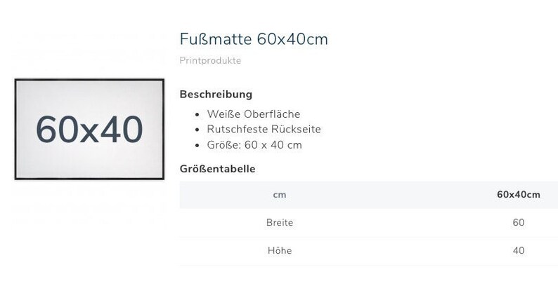 Puede incluir: Una alfombra de puerta rectangular blanca con un borde negro, que muestra las dimensiones "60x40". La alfombra mide 60 cm por 40 cm. El texto "Fu&szlig;matte 60x40cm" es visible en la parte superior. Tiene un respaldo antideslizante.