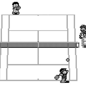 K&ouml;nnte beinhalten: Ein schwarz-wei&szlig;es Pixelbild eines Tennisspiels. Zwei Spieler sind auf dem Platz, einer ist im Begriff, den Ball zu schlagen, der andere wartet darauf, den Ball zur&uuml;ckzuschlagen. Der Ball ist in der Luft.