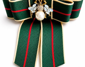 Statement Bow Brooch – Rhinestone, Pearl, Bee Detail – Preppy Old Money Style