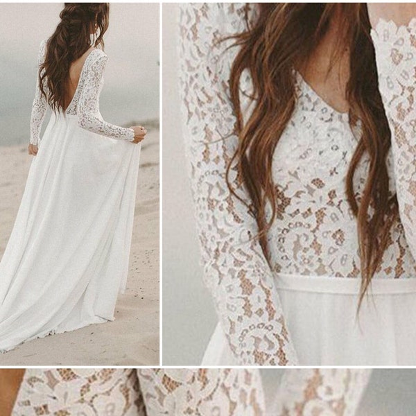 Long Sleeve Wedding Dress Low Back Bridal Gown Chiffon Flowy A-Line Wedding Dress Stretchy Wedding Dress