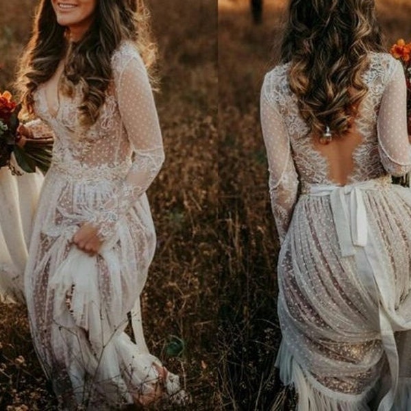 Robe de mariée bohème à pois et à manches longues, dos nu, robe de mariée gitane vintage country