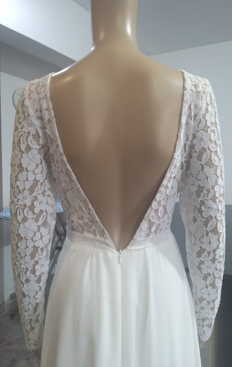 Long Sleeve Wedding Dress Low Back Bridal Gown Chiffon Flowy - Etsy