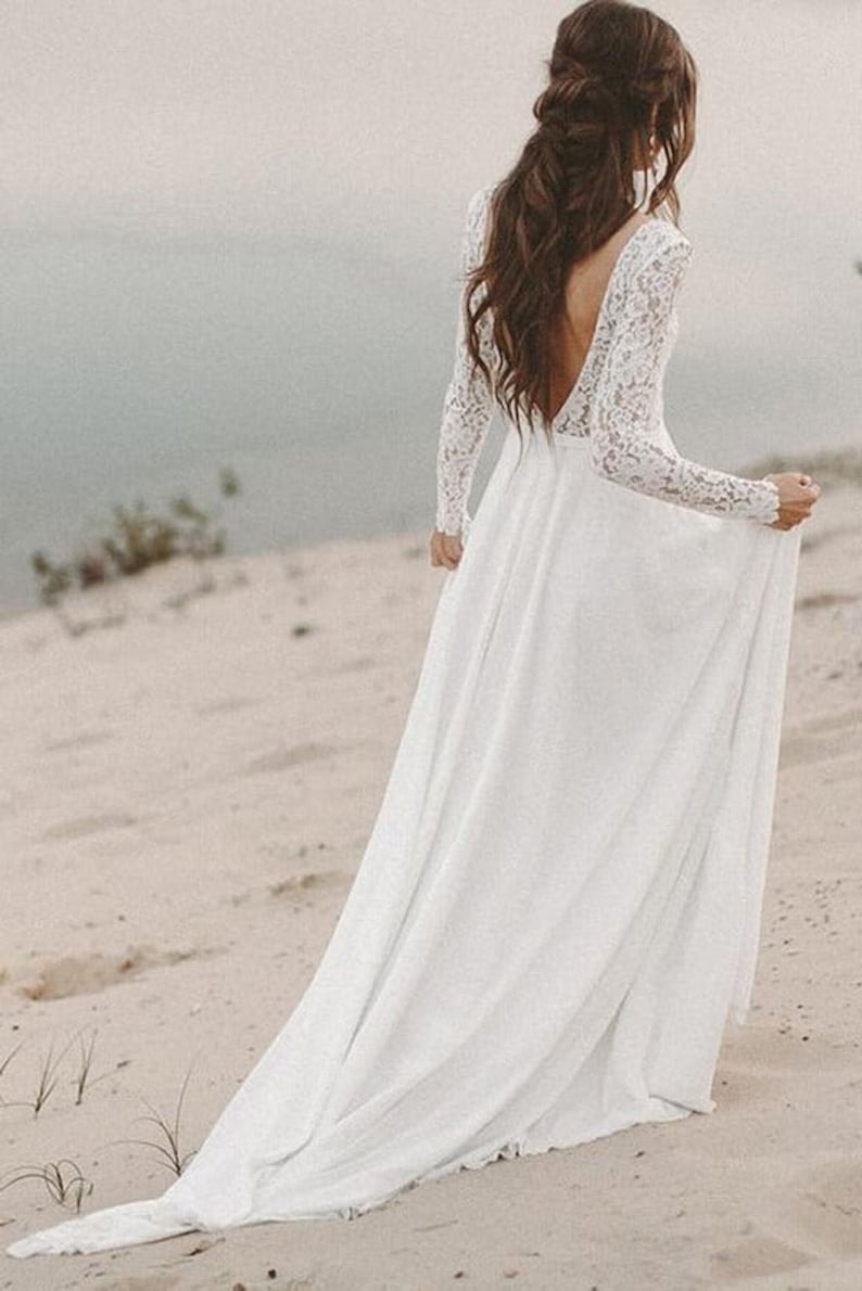 Long Sleeve Wedding Dress Low Back Bridal Gown Chiffon Flowy - Etsy
