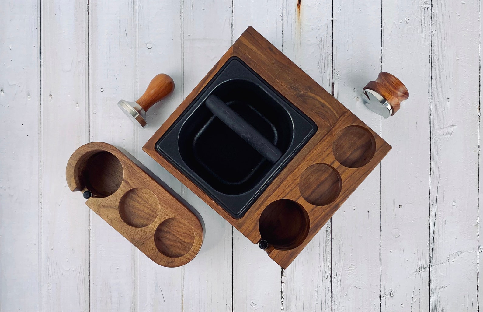 Coffee Espresso Walnut Tamper Tamping Station With Knock Box Etsy