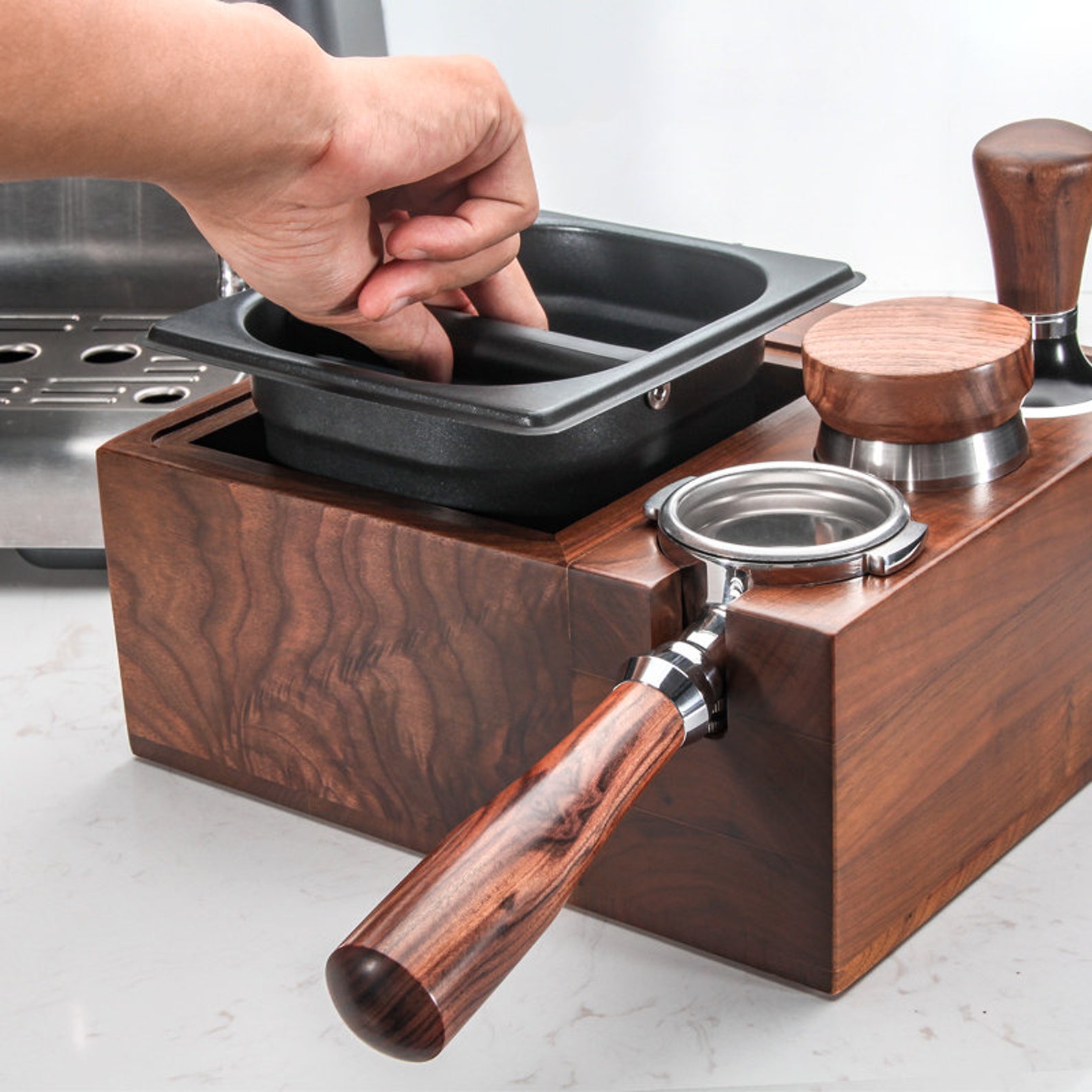 Coffee Espresso Walnut Tamper Tamping Station With Knock Box Etsy